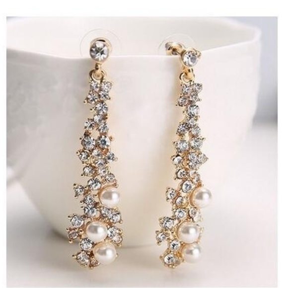 Faux Pearl and Rhinestone Chandelier Earrings - Picture 1 of 4